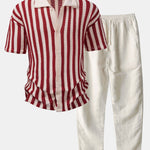 Ensemble — chemise crochetée rayée à épaules tombantes & pantalon en lin à jambe droite