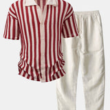 Ensemble — chemise crochetée rayée à épaules tombantes & pantalon en lin à jambe droite