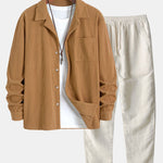 Ensemble — chemise en velours côtelé à col cubain et manches longues & pantalon en lin à jambe droite