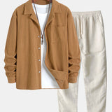 Ensemble — chemise en velours côtelé à col cubain et manches longues & pantalon en lin à jambe droite