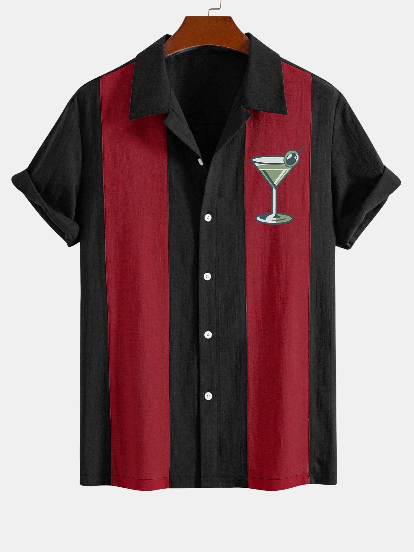 Chemise bowling patchwork en lin à imprimé cocktails martini vintage