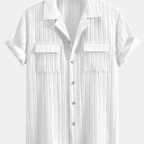 Ensemble — chemise texturée à col cubain et poche & pantalon en lin à jambe droite