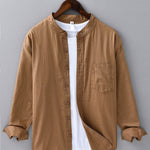 Chemise en lin et coton à col officier, manches longues et poche