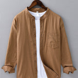 Chemise en lin et coton à col officier, manches longues et poche