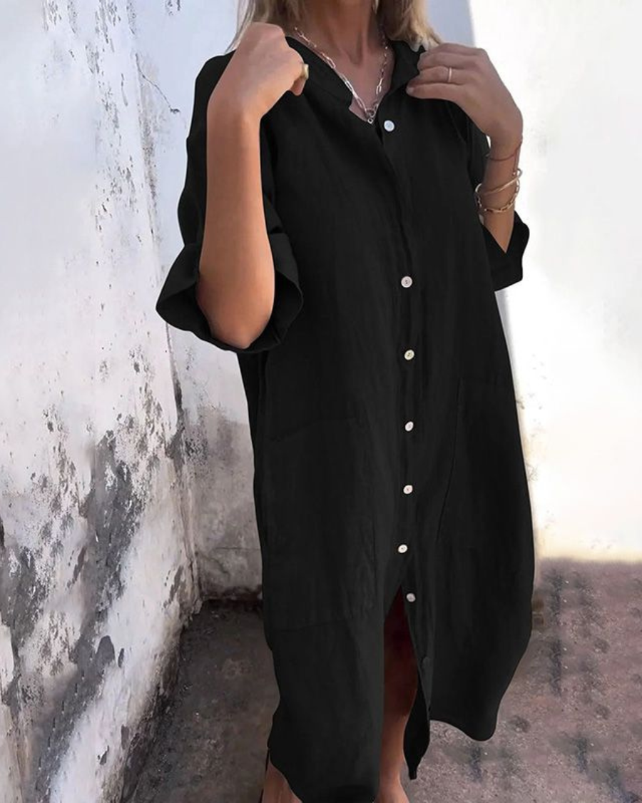 Pierrette | Robe-chemise ample et fluide Noir, photo studio