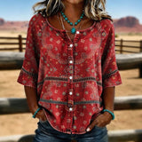Magali | Blouse boutonnée à motif ethnique et bandes ajourées