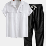 Ensemble — chemise cubaine en lin à poches & pantalon en lin à jambe droite