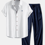 Ensemble — chemise en lin à manches courtes & pantalon texturé froissé à jambe droite