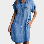Robe Courte en Jean Boutonnée à Poches Poitrine