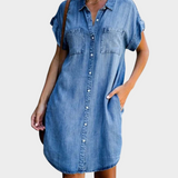 Robe Courte en Jean Boutonnée à Poches Poitrine