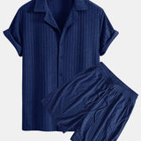 Ensemble — chemise cubaine en éponge rayée & short en éponge rayé