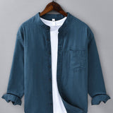 Chemise en lin et coton à col officier, manches longues et poche