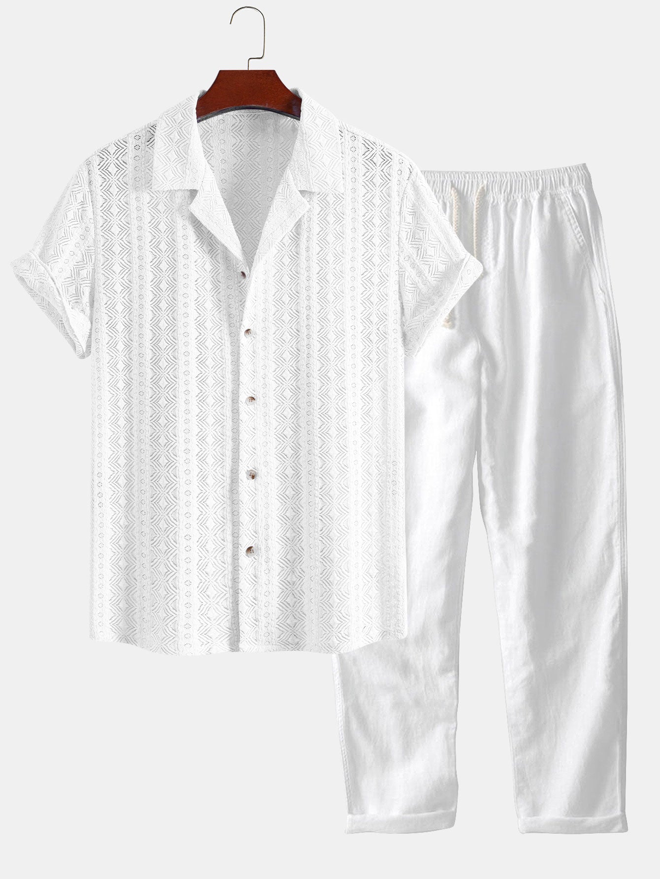 Ensemble — chemise cubaine jacquard géométrique & pantalon en lin à jambe droite
