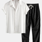 Ensemble — chemise cubaine texturée à losanges coupe ajustée & pantalon en lin à jambe droite