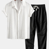 Ensemble — chemise cubaine texturée à losanges coupe ajustée & pantalon en lin à jambe droite