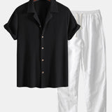 Ensemble — chemise cubaine texturée gaufrée & pantalon en lin à jambe droite
