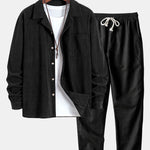 Ensemble — chemise en velours côtelé à col cubain et manches longues & pantalon en lin à jambe droite