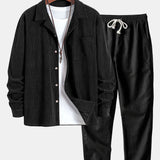 Ensemble — chemise en velours côtelé à col cubain et manches longues & pantalon en lin à jambe droite
