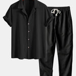 Ensemble — chemise cubaine gaufrée à manches courtes & pantalon en lin à jambe droite