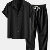Ensemble — chemise cubaine gaufrée à manches courtes & pantalon en lin à jambe droite