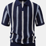 Ensemble — polo crocheté rayé à col V & pantalon en lin à jambe droite