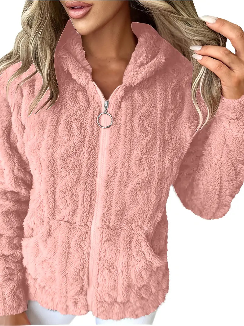 Frida | Sweat à capuche zippé douillet à torsades Rose clair, photo studio