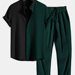 Ensemble — chemise côtelée bicolore à col officier coupe ajustée & pantalon côtelé
