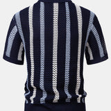 Ensemble — polo crocheté rayé à col V & pantalon en lin à jambe droite