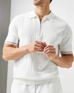 Men's Vertical Stripe Zip Placket Knit Polo with Contrast Cuffs