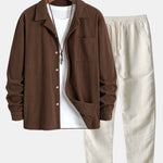 Ensemble — chemise en velours côtelé à col cubain et manches longues & pantalon en lin à jambe droite