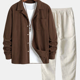 Ensemble — chemise en velours côtelé à col cubain et manches longues & pantalon en lin à jambe droite