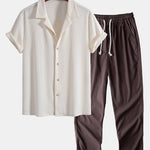 Ensemble — chemise cubaine gaufrée à manches courtes & pantalon en lin à jambe droite