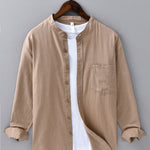Chemise en lin et coton à col officier, manches longues et poche