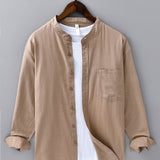 Chemise en lin et coton à col officier, manches longues et poche