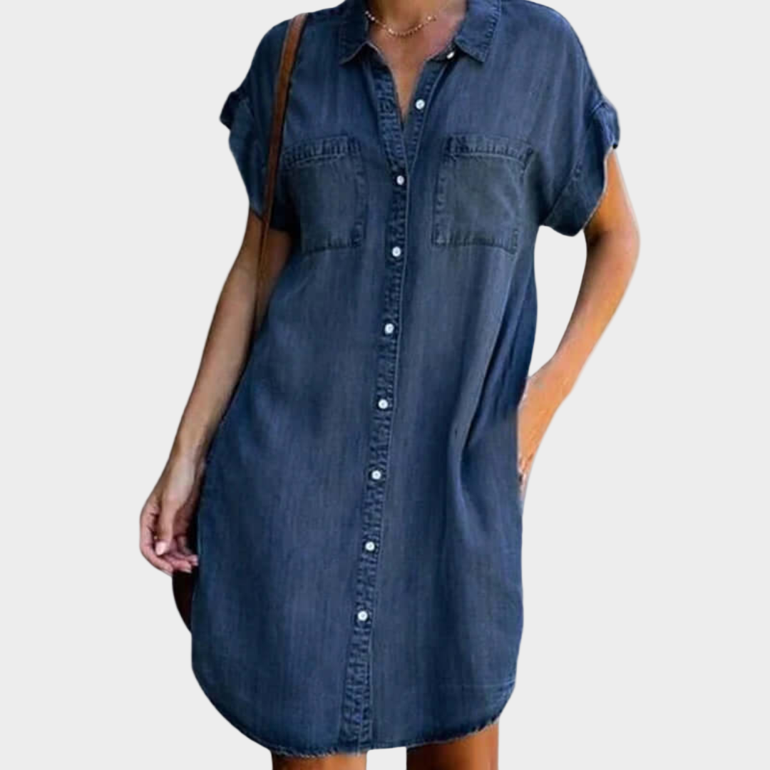 Robe Courte en Jean Boutonnée à Poches Poitrine - Bleu foncé
