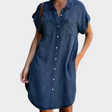 Robe Courte en Jean Boutonnée à Poches Poitrine