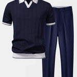 Ensemble — polo côtelé en maille à col Johnny et bordure contrastante & pantalon fuselé