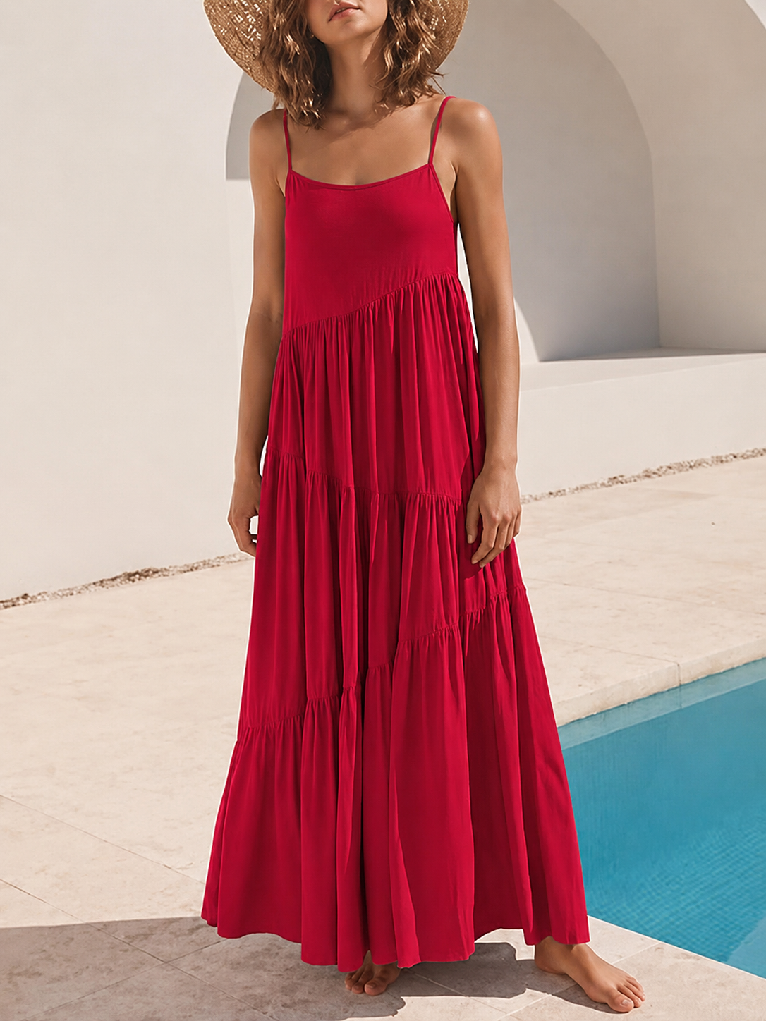 Isaure | Robe aérienne à volants étagés Rouge, photo studio