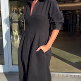 Hélène | Robe midi à col chemise et poches