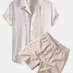 Ensemble — chemise jacquard géométrique à col cubain & short texturé froissé à cordon