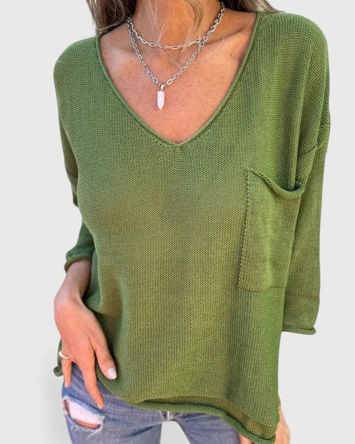 Cunégonde | Pull en maille à col V et poche poitrine