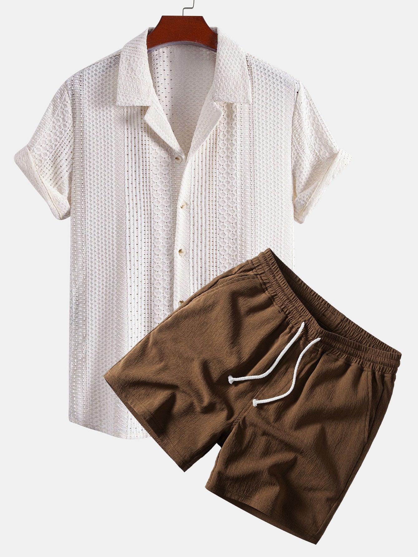 Ensemble — chemise jacquard géométrique à col cubain & short texturé froissé à cordon