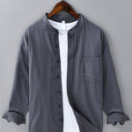 Chemise en lin et coton à col officier, manches longues et poche