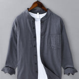 Chemise en lin et coton à col officier, manches longues et poche
