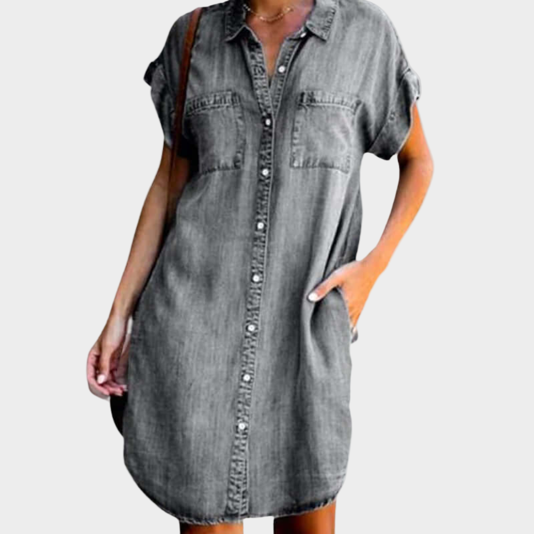 Robe Courte en Jean Boutonnée à Poches Poitrine - Gris