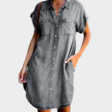 Robe Courte en Jean Boutonnée à Poches Poitrine