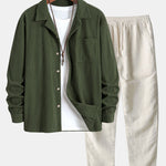 Ensemble — chemise en velours côtelé à col cubain et manches longues & pantalon en lin à jambe droite