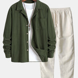 Ensemble — chemise en velours côtelé à col cubain et manches longues & pantalon en lin à jambe droite