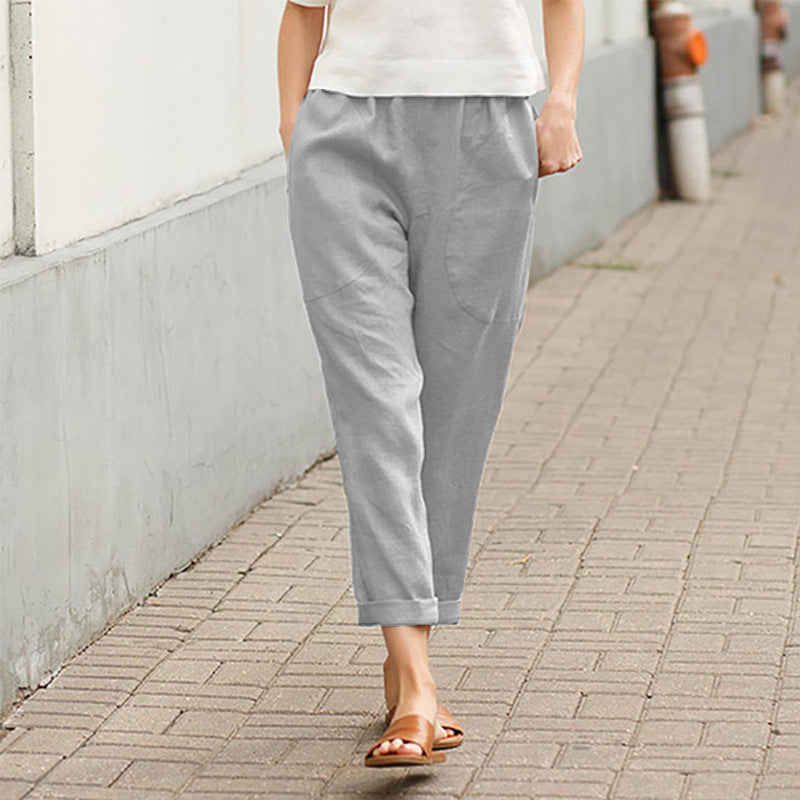 Sonja | Pantalon en tissu à taille élastiquée et plis Gris, photo studio