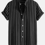 Ensemble — chemise rayée en coton mélangé à col officier & pantalon en lin à jambe droite